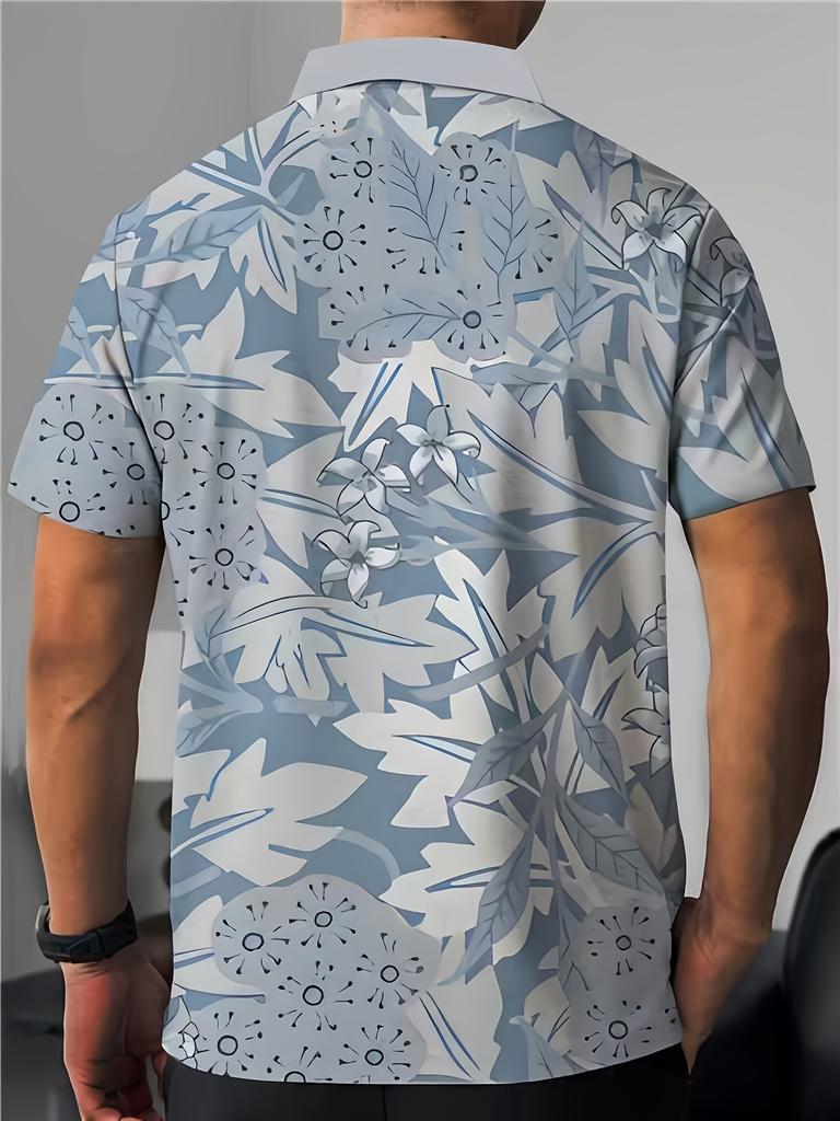 Print Design - Non-Textured Men'S Short Sleeve Polo in a Stylish Blue And White Floral Pattern, Fashionable Casual Men'S T-Shirt for Summer with