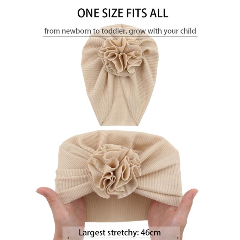 Fashionable Baby Turban Hat Solid Color Headwear Lovely Infant Fetal Caps with Lovely Flower Detail,  Trendy Headwrap
