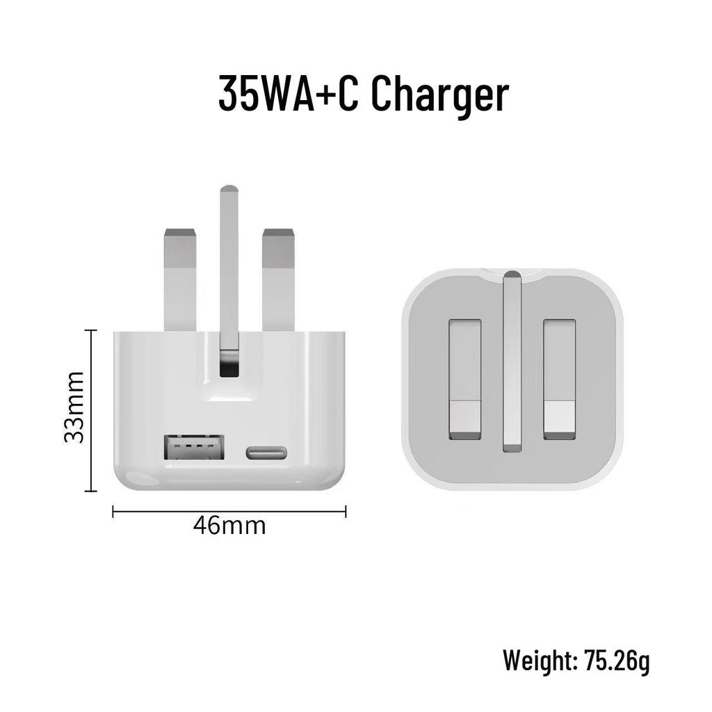 35W+C UK Dual Port Fast Charger: Compatible with Apple and Android, USB+PD Fast Charging