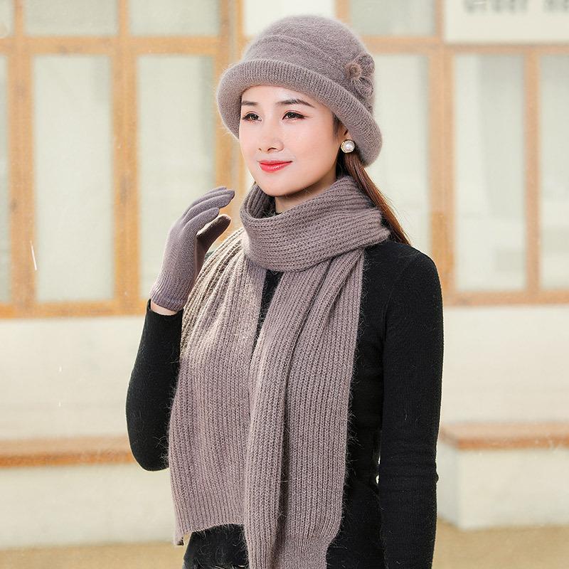 Fleece Warm Knitted Rabbit Fur Hat Women Autumn and Winter Cold Gloves Scarf Basin Hat Tide Elderly