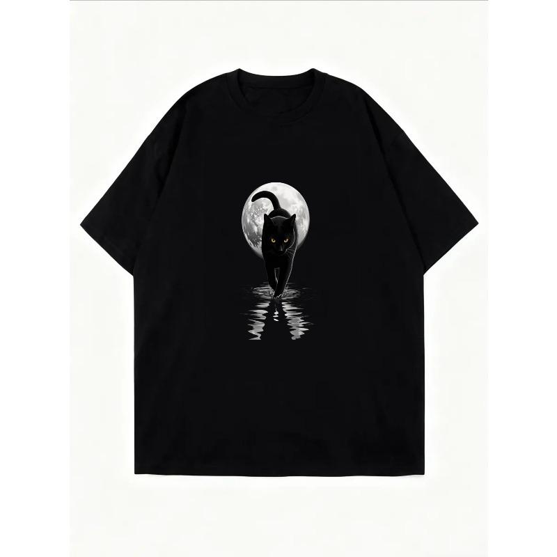 Women's White T-Shirt Black Cat And Moon Print Casual Everyday Wear
