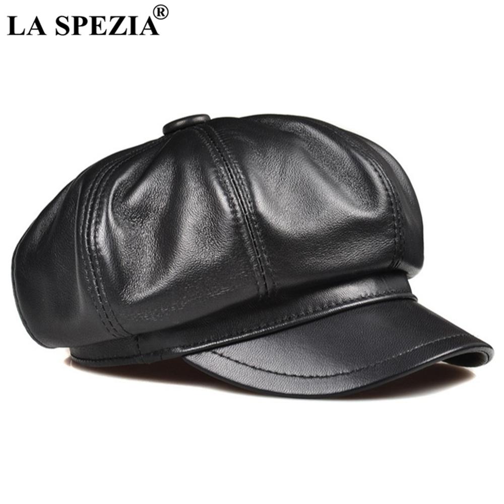 LA SPEZIA Genuine Leather Men Women Newsboy Cap Sheepskin Mens Beret Vintage High Quality Male Female Black Octagonal Cap