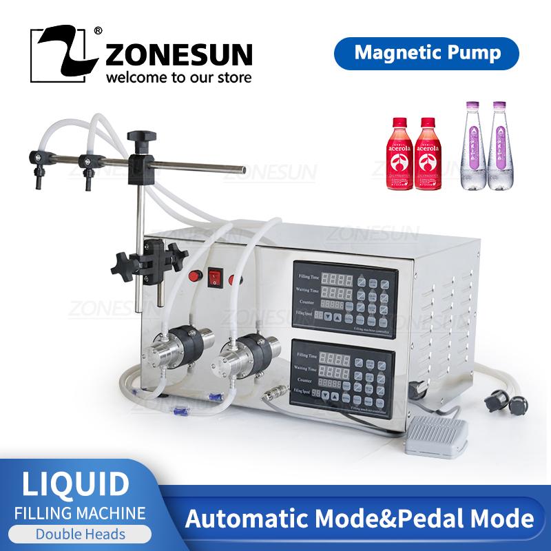 ZONESUN YG2 Magnetic Pump Electric 2 Heads Soft Drink Essential Oil ethanol Alcohol Bottle Liquid Filling Machine