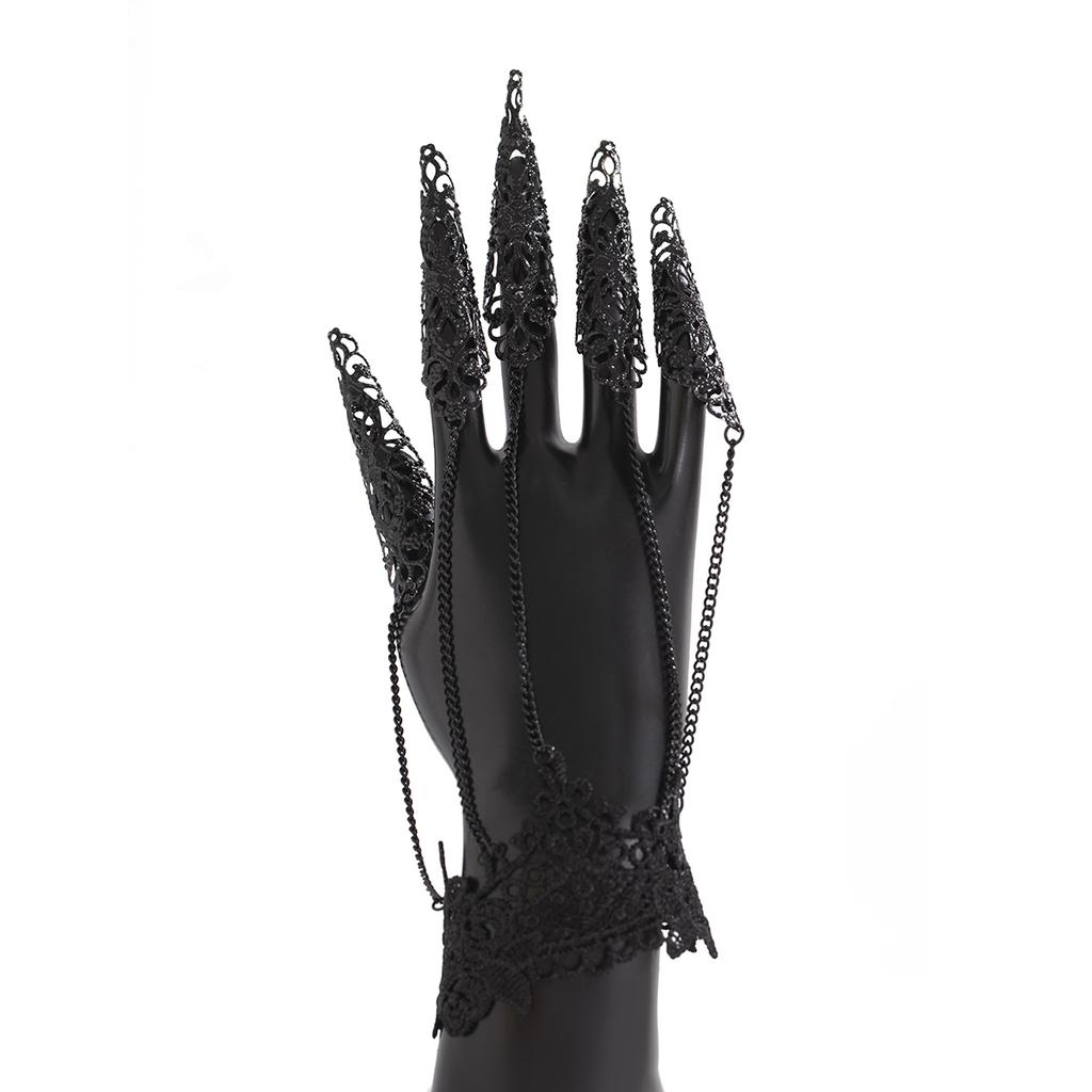 Ingemark Goth Black Lace Nail Finger Wrist Chain Rings for Women Vintage Connecting Hand Bracelet Halloween Jewelry Gift New