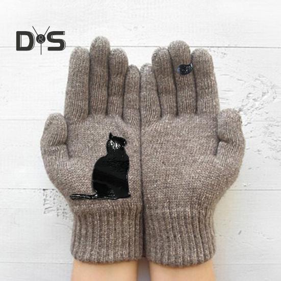 1 Pair Winter Knitted Gloves Thick Plush Solid Color Cat And Bird Printing High Elasticity Windproof Keep Warm Cycling Gloves