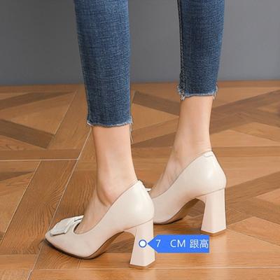 Square Head Single Shoes Women's Thick Heel Spring New Metal Square Buckle Work Shoes Shallow High Heel Women's Single Shoes Tide