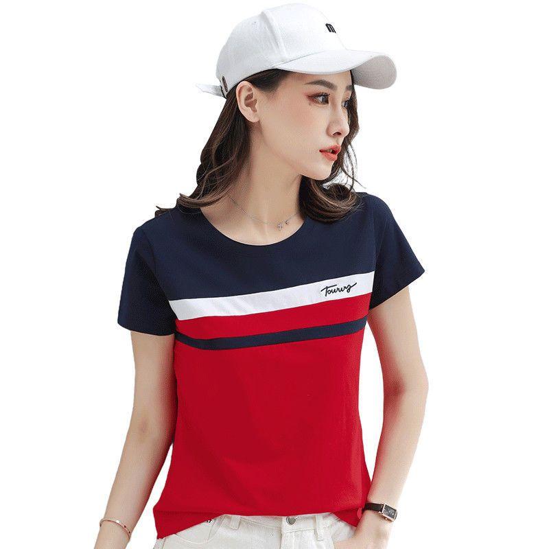 T-shirt Estiva da Donna in Cotone Ricamato a Maniche Corte Moda Donna Top con Cuciture a Mezza Manica