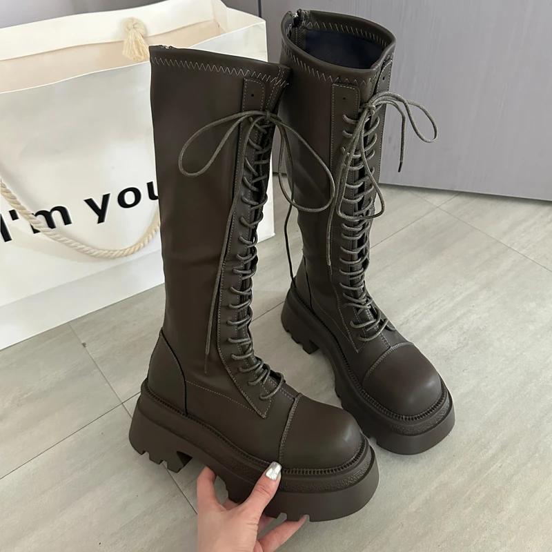

Flats Platform High Boots Women s Designer Shoes for Woman Winter Knee High Boots Lace Up Trend Goth Fashion Boots Femme 35 хаки
