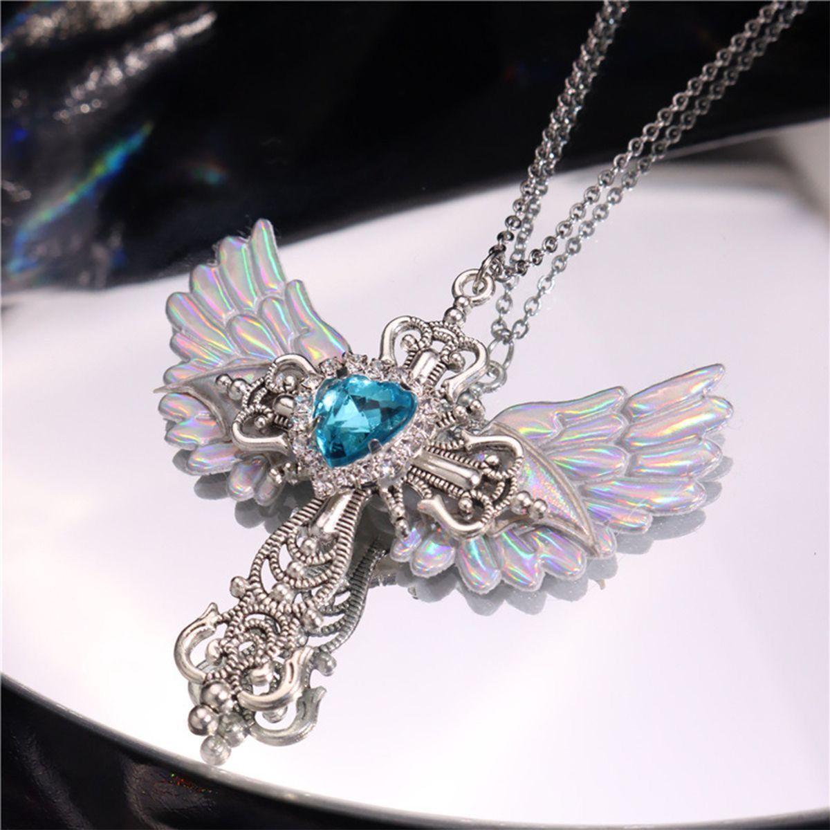 

Y2K Inspired Gothic Wings and Cross Pendant Punk Choker Necklace Heart Shaped Shiny Zircon Perfect Couple Friend Jewlery Gift