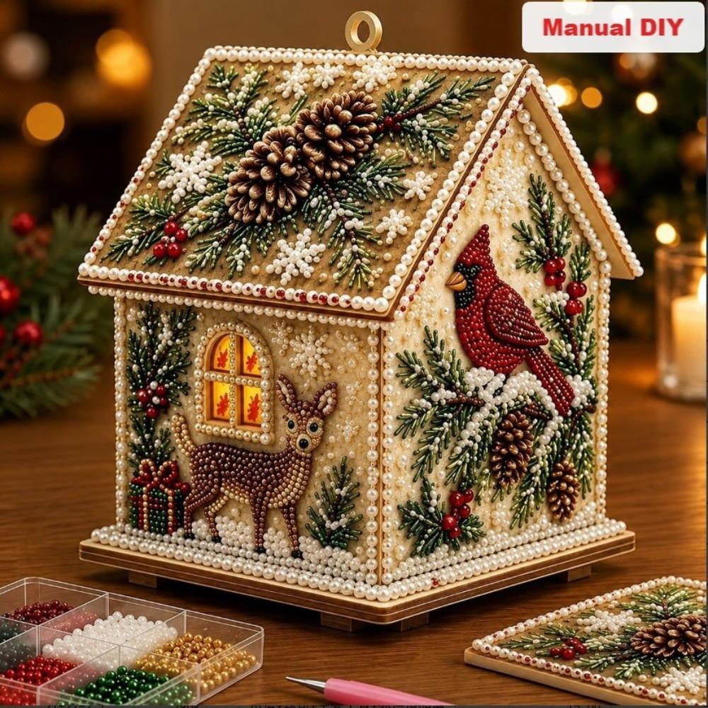 Pearl Bead Wooden House Craft Kit Wooden House DIY Pearl Bead Craft Set  Christmas Decoration