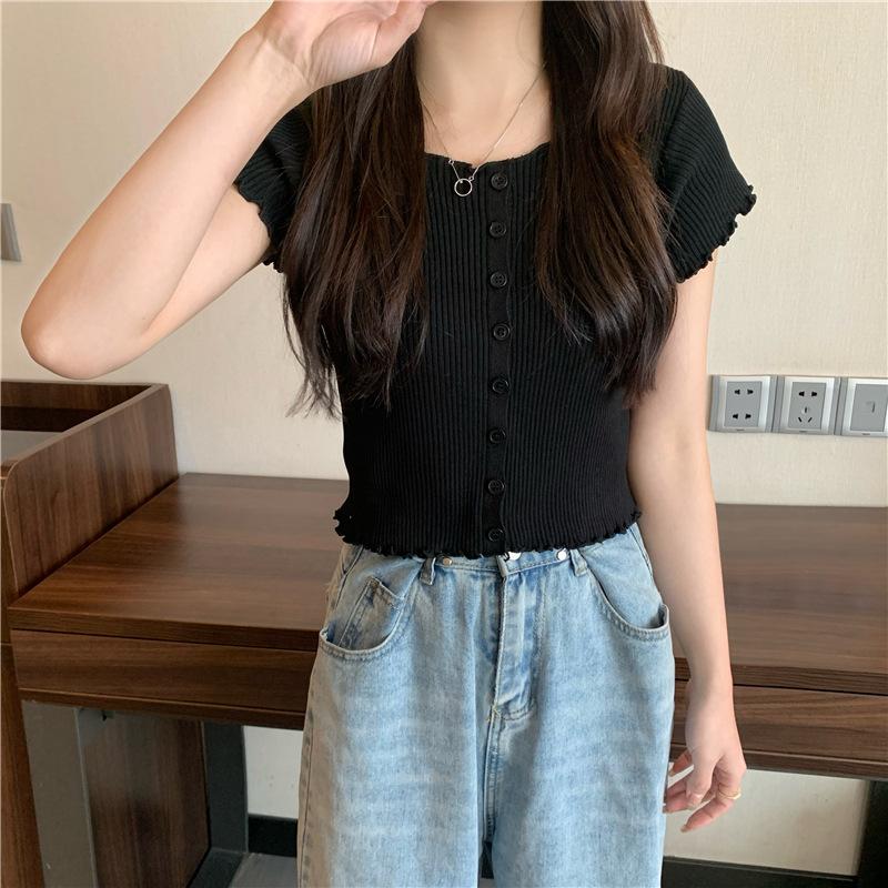 

Летняя сексуальная приливная облегающая трикотажная футболка с короткими рукавами женская короткая облегающая рубашка с высокой талией блузка с пупком повседневная базовая облегающая футболка One Size чёрный