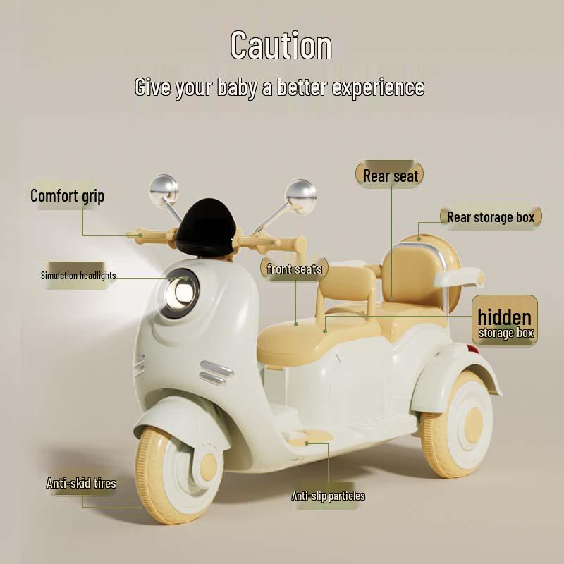 Retro Style Dual-Seat Motorcycle Tricycle for Children Aged 1+, Stable Electric Ride-On Toy
