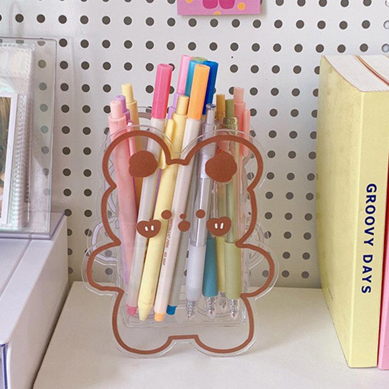 Transparent Pen Container Multifunctional Cute Cartoon Acrylic Makeup Brush Storage Case for Office