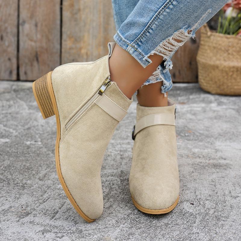 Large Size Short Boots Women's Pointed Head Heel Side Zipper Suede Belt Buckle Martin Boots Women's Boots