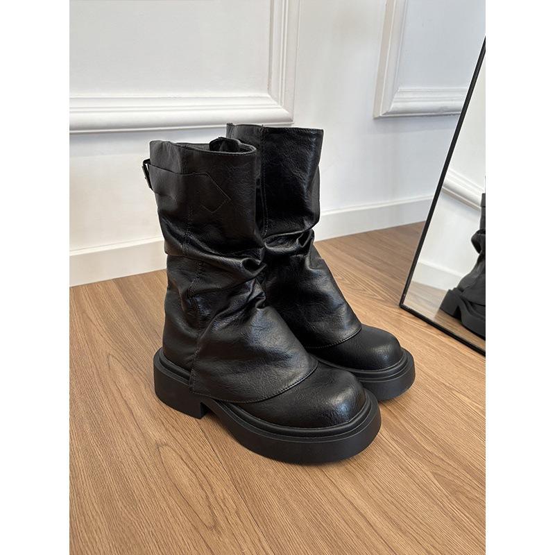 Vintage Pleated Maillard Pants Boots Women's Medium Boots Martin Boots Short Boots