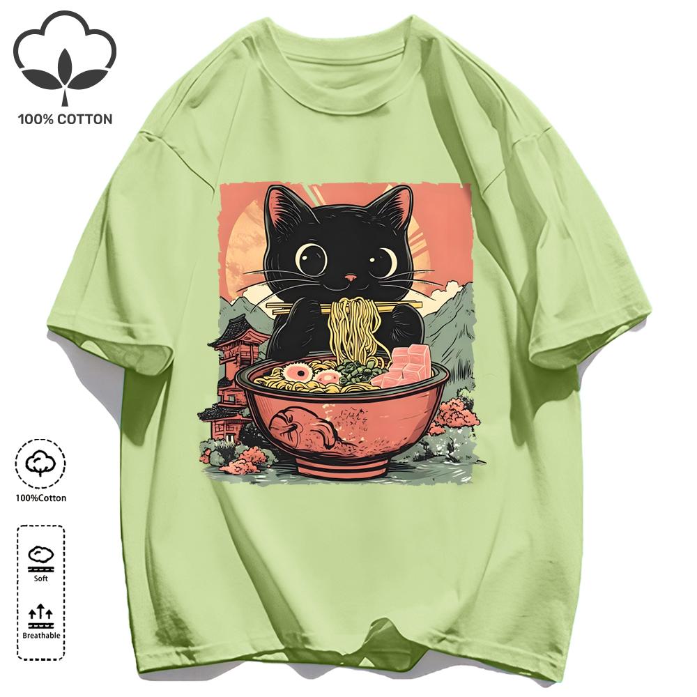 Retro Cats Like To Eat Lamian Noodles Unisex T Shirt Retro Fashion Short Sleeve Summer Comfortable Tee Unisex Cotton Loose Clothing