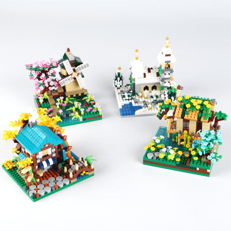 Four Season Micro Bricks Street View Sakura Windmill Building Blocks Fisherman's Cottage Tree Assemble Bricks Toys For Kids Boy