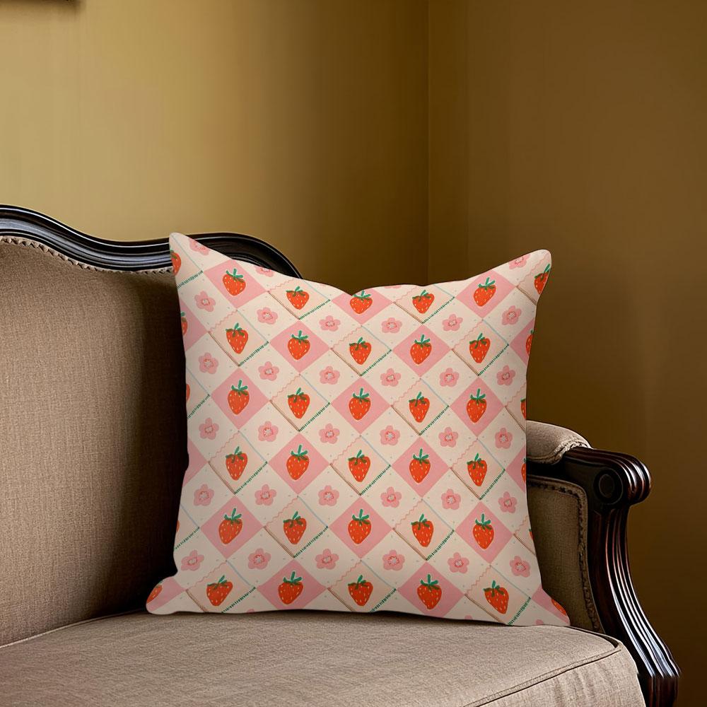 Strawberry Check Square Jacquard Pillow Cover for Sofa Office Waist Cushion Cover Home Decorative Pillowcase