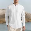 Men Shirt Round Neck Long Sleeve Loose Fit Shirt Pure Color Pleated Casual