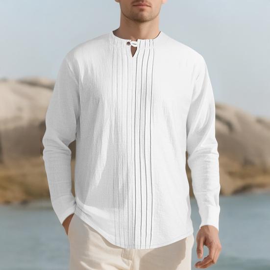 Men Shirt Round Neck Long Sleeve Loose Fit Shirt Pure Color Pleated Casual