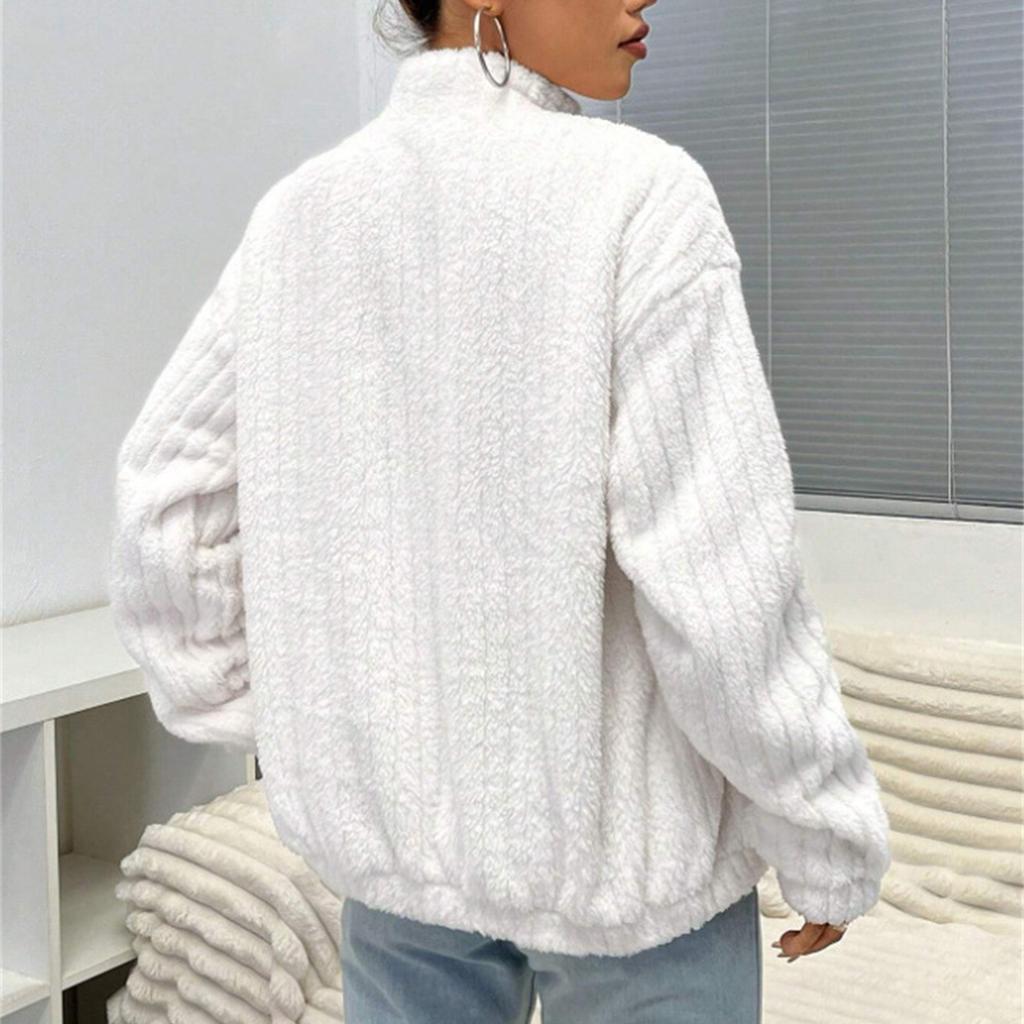 Women's Fashion Casual Solid-Color Ribbed Fleece Cardigan With Zipper Stand Collar Short Jacket