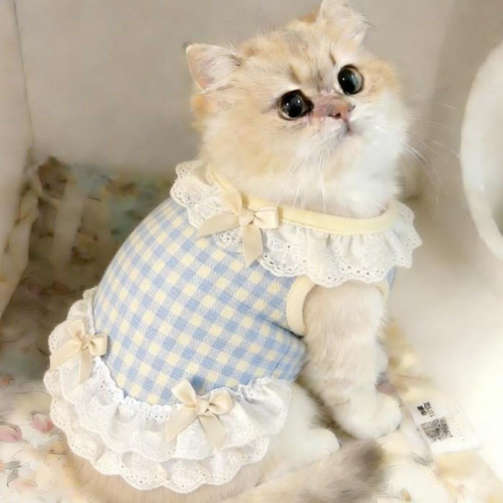 Breathable Pet Lace Skirt Bow Lace Design Cat Checkered Clothes Pet Dog Vest  Photo Shoot