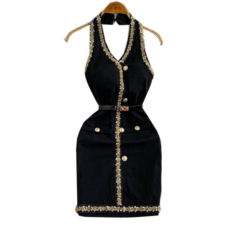 French Style Classic Style Fancy Beaded Sequins V-neck Halter Sleeveless Waist-Tight Sheath Strap Showing Chest Pad Dress