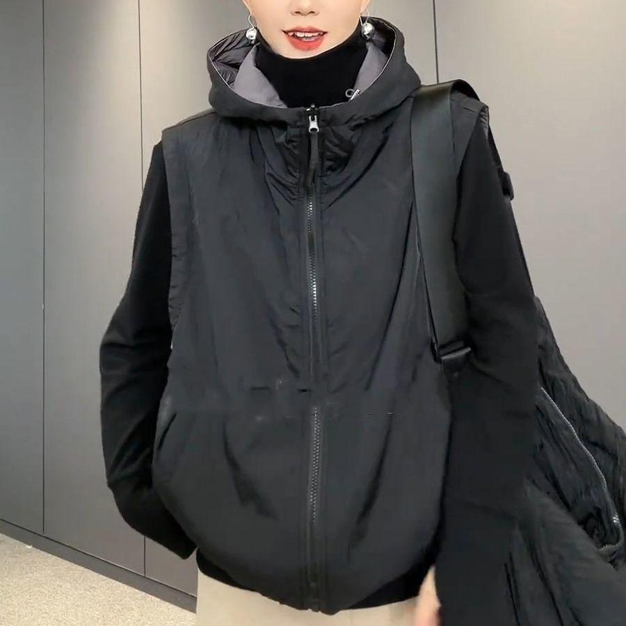Autumn and Winter Women's Windproof Hooded Vest Solid Color Double-sided Casual Zipper Sleeveless Thick Jacket Vest