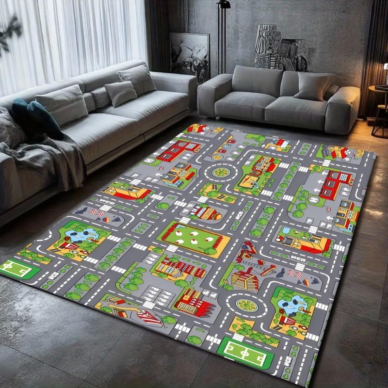 Cartoon City Road Play Mat Soft Non-slip Carpet Fire Station Market Print Traffic Game Rug Children Room Living Room Home Decor
