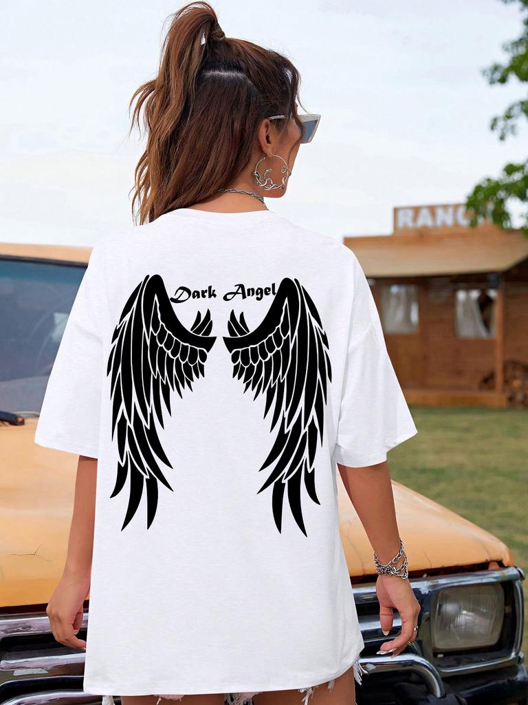 Dark Angel Wing Hot Sale Graphic Printed T-Shirts For Women Loose Oversized Clothing Hip Hop Street Tshirt Cotton Short Sleeves