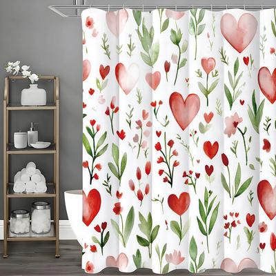 Watercolor Flower Love Shower Curtain, Bathroom Decorative Shower Curtain, Waterproof Shower Curtain with Hooks