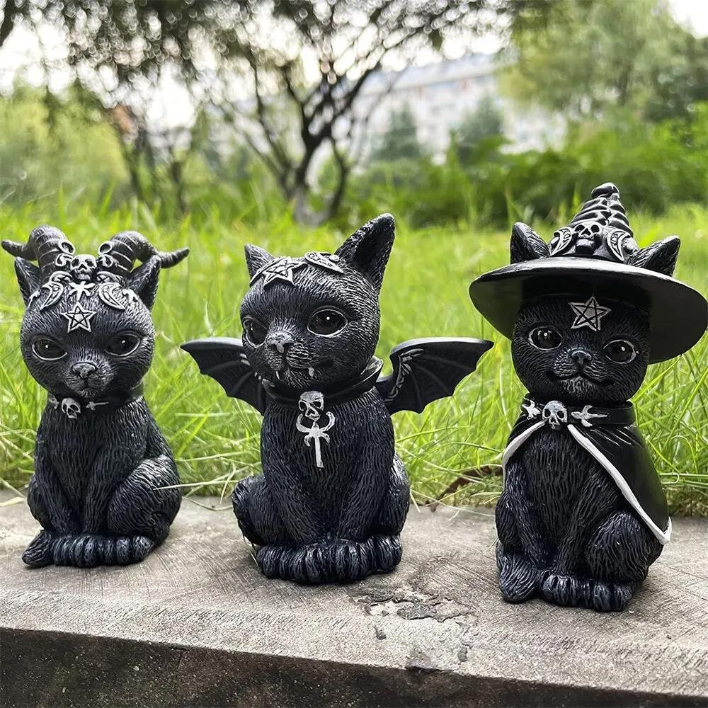 Socha černé kočky Tajemná roztomilá kočka Čarodějnice Kočka Figurka Čarodějky Dekor Stolní Ornament Ručně malovaná socha na Halloween 1PC