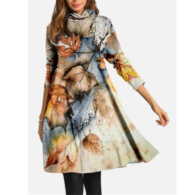 European and American cross-border autumn and winter women s clothing new turtleneck printed long-sleeved dress women S