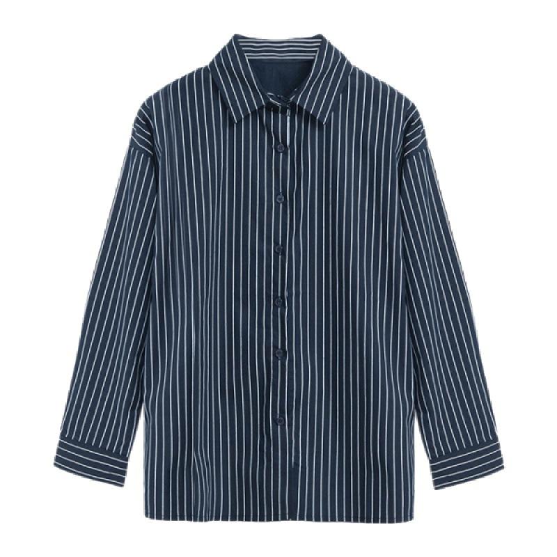 1116 autumn new medium and long loose blue vertical striped BF large size long-sleeved shirt women's summer
