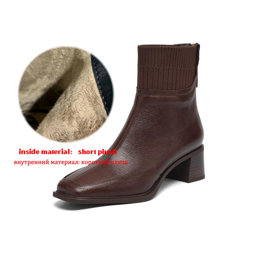 Krazing Pot Sheepskin Autumn Winter Shoes Thick Heels Size 42 Square Toe Zipper Knitwear Vintage Ankle Boots
