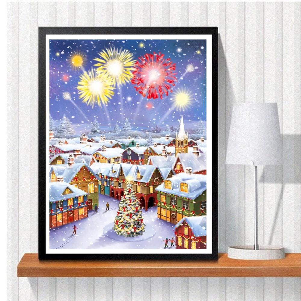Vollbohrer, quadratisch, Diamant-Stickerei, Kreuzstich, Haus, Feuerwerk, Diamantgemälde, Winterlandschaft, Mosaik, Weihnachtsgeschenk