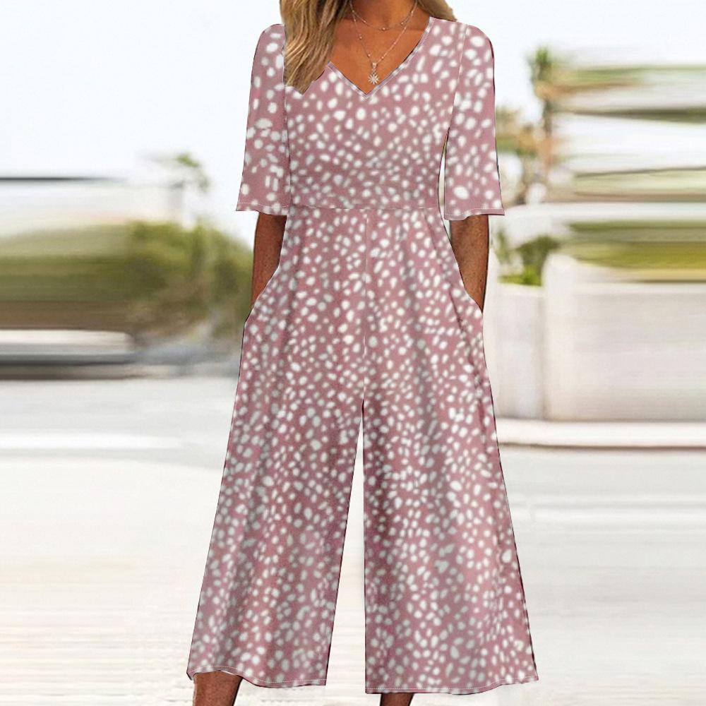 

Women s Floral V-Neck Romper with Pockets, Loose Fit Mid-Sleeve Jumpsuit, Casual Summer Outfit 6XL