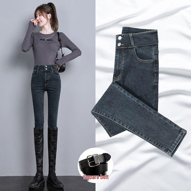 Women's Blue-Gray Fleece-Lined High-Waisted Slim-Fit Denim Pants - 2023 Autumn/Winter Style