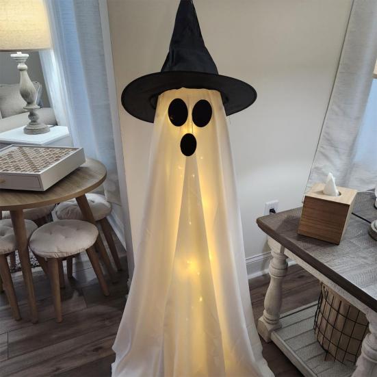 55" Solar Ghost Light for Halloween Outdoor Decoration Waterproof Light Up Standing White Ghost with Witch Hat
