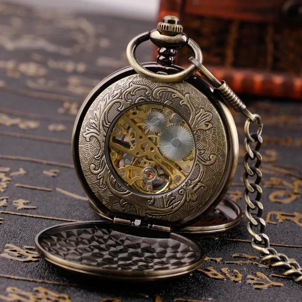 Luxury Vintage Intricate Wings Skeleton Mechanical Pocket Watch Elegant Pendant Clock Roman Numeral Dial Bronze Chain Timepiece