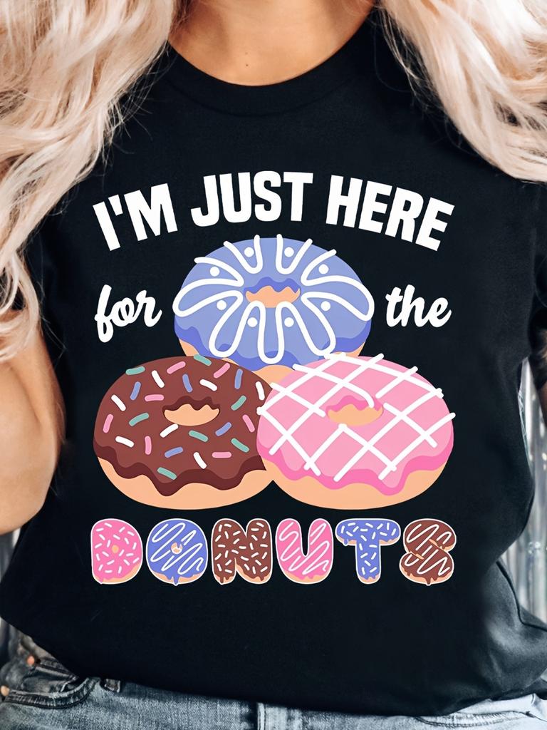 Sweet Donut Cartoon Pattern Printed Round Neck Short Sleeved Tshirt for Women Summer Casual Womens Tshirt Clothing Cotton