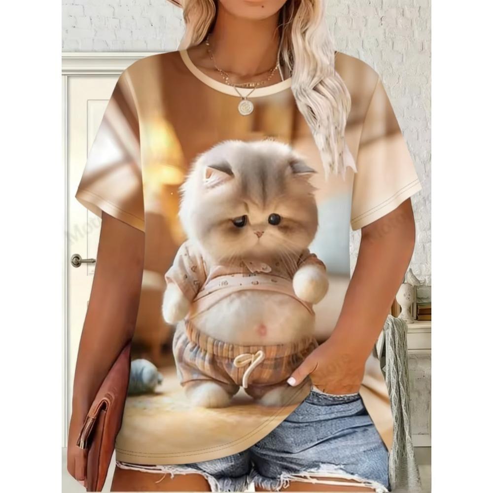 Fashion Cute Cat Pattern Women's T-Shirt Casual Comfortable Animal Printed OverSize Round Neck Short Sleeve T-Shirt