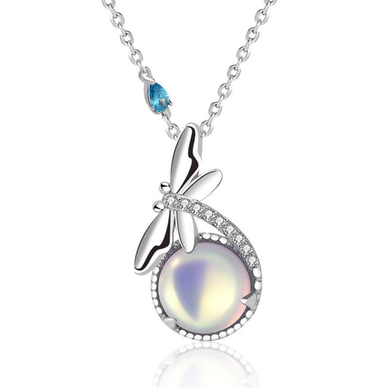 S925 Silver Dragonfly Pendant Necklace with Moonstone for Women