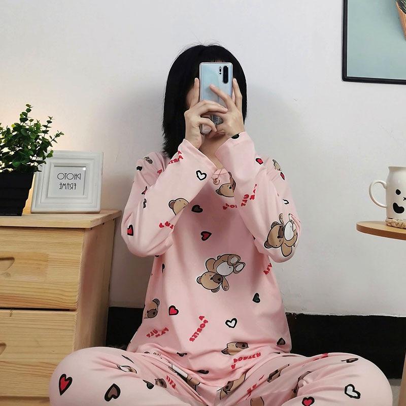 Women's Pajamas Large Size Long Sleeve Student Home Clothes Spring Printed Pullover Tops Pants Set Cartoon Pajamas
