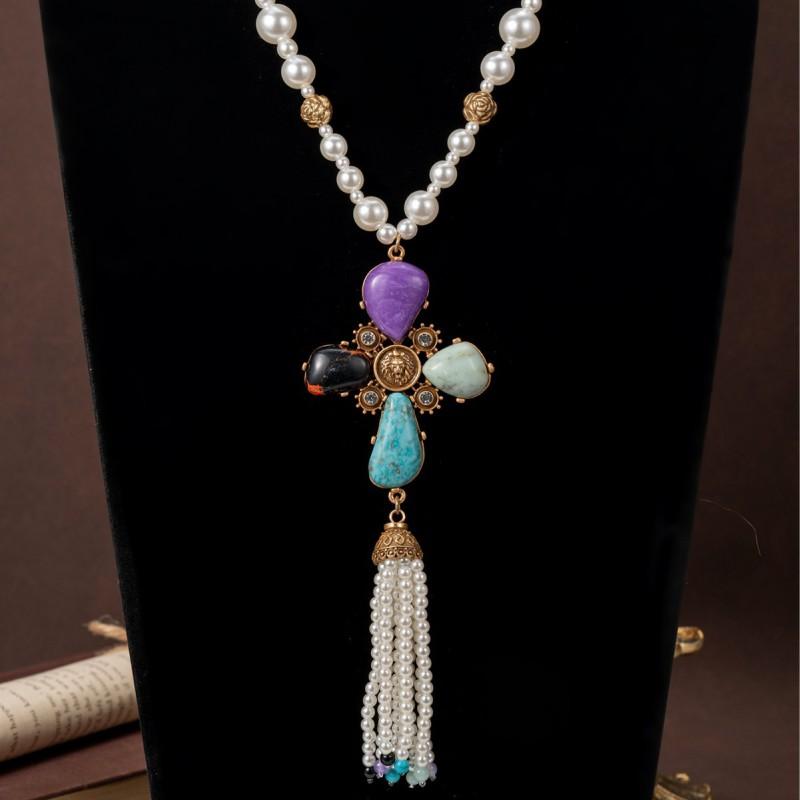 Vintage Four Leaf Clover Pearl Tassel Pendant Western Antique Necklace Versatile Natural Stone