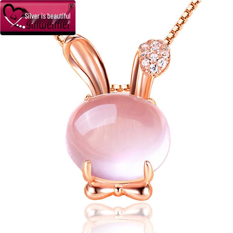 Sterlingsilber Hasenohren Rosenquarz Halskette - Trendiges Damengeschenk für Weihnachten