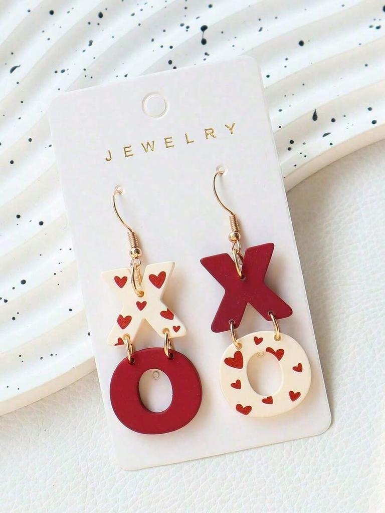 1 Pair Painted XO Heart Print Earrings, Elegant & Sexy Earrings, Soft Ceramic Texture, Valentine's Day Gift