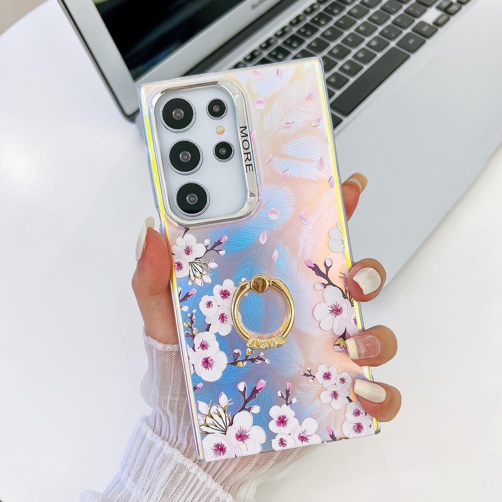 Electroplating Laser Flowers Suitable for Samsung S25 Ultra Mobile Phone Case Ring Bracket S24PLUS Hard Shell A56