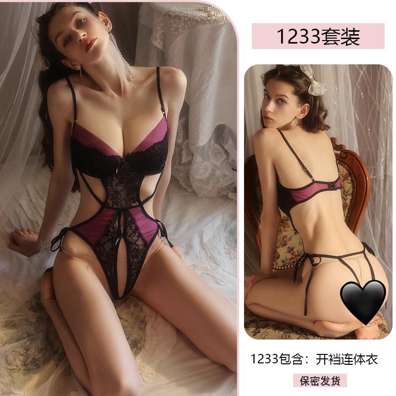 Yiyue Original Sex Underwear Sexy onesie Women's Open Crotch Uniform Lace Seduction Lace-up Large Size Pajamas 1111