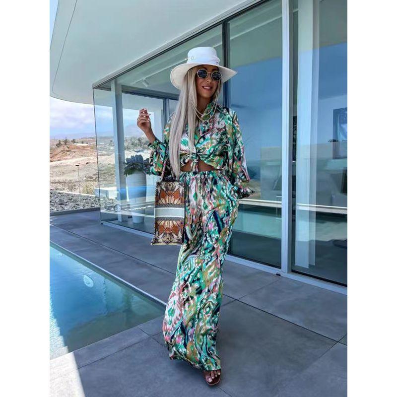 New Fall Women's Clothing Fashion Wind Long Sleeves Top and Trousers Two-piece Set Vacation Style Floral Suit High Waist Slim Looking